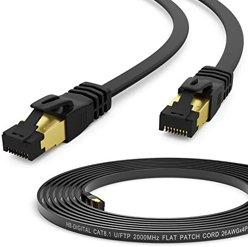 HB-DIGITAL 15m Patchkabel CAT.8 LAN Flach U/FTP Netzwerkkabel PVC 2xRJ45 Stecker Kupfer Profi Slim flexibel 40 Gbits Ethernet Port 2000 MHz Internet-cable PC Router Switch Modem TV Konsole schwarz