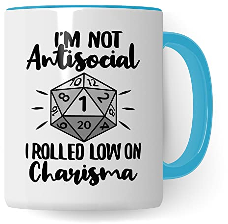 DnD Roleplay Tasse, I'm not Antisocial - I rolled low on Charisma Spruch, Geschenk Rollenspiel Spruch D20 Dice, Pen & Paper Tabletop D20 Würfel Motiv Kaffee-Becher Geschenkidee (Weiß & Blau)
