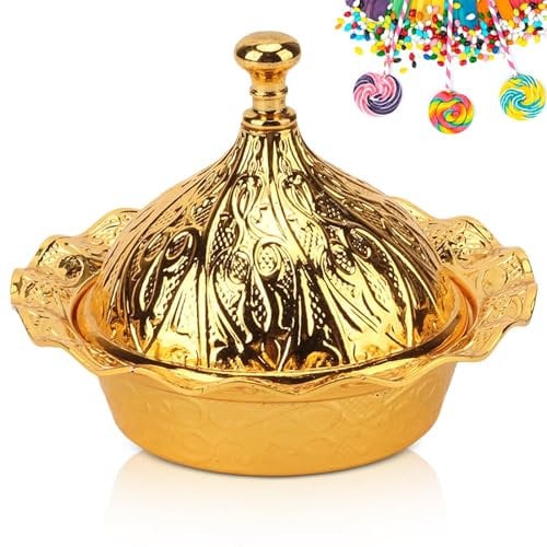 Sugar Candy Bowl with Lid, Turkish Delight Bowl Decorative Antique Ottoman Brass Sugar Jar Candy Servers Snacks Delights Decorative Kitchen Buffet Gift Chocolate Wedding Decor(Gold), 10 x 7cm