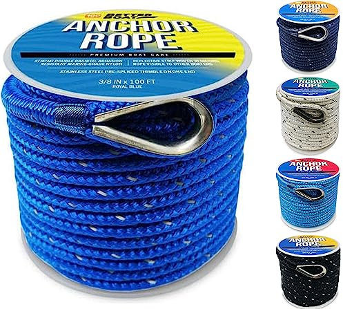 Premium Boat Anchor Rope, 100 Ft Double Braided Royal Blue Nylon Marine Line, 3/8 Inch Reel for Anchors and Boats