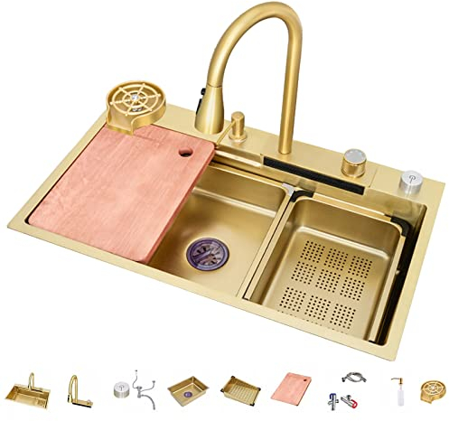 304 Edelstahl Wasserfall Bar Spüle Nano Single Bowl Küchenspüle Mehrzweck Handgefertigte Spüle Rv Spüle Mit Ausziehbarem Wasserhahn Und Drainage-Komponenten (Color : Gold-b, S : 80x45x22cm)