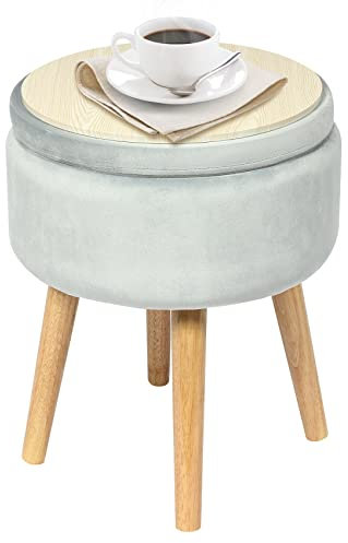 Bonlife Velvet Ottoman with Storage,Coffee Table Upholstered Foot Stool Seat with 4 Legs,Round Dressing Table for Living Room Blue Chair 36x36x45cm