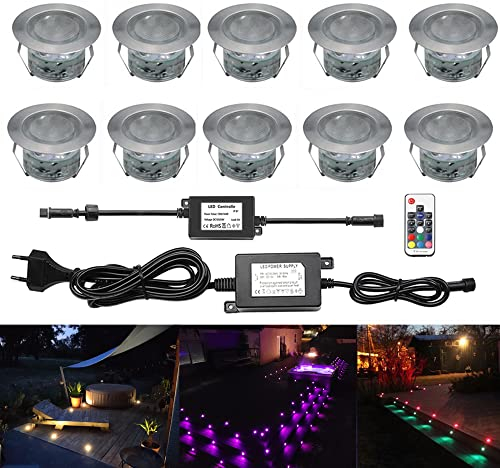 CHNXU 10er Set Terrassen Einbaustrahler RGBWW Boden Einbauleuchten Außen RGB + Warmweiß LED Treppen Beleuchtung Ø45mm Bodeneinbaustrahler IP67 Wasserdicht Einbauspots für Garten Gehweg Küche Holzdeck
