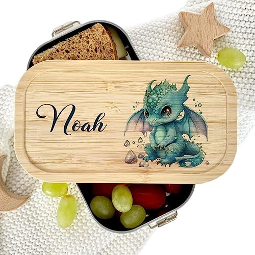 Manufaktur Liebevoll - Personalisierte Brotdose mit Fächern, Edelstahl Lunchbox mit Bambus Deckel u. Trenner, Nachhaltige Brotbüchse | Mädchen, Jungen (Motiv Blauer Drache, Edelstahl | M)