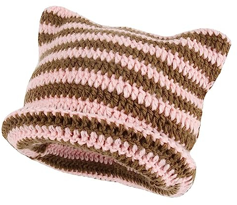XehCaol Y2k Cat Beanie,Lustige Mütze Mit Ohren Katzenohren Strickmützen Knitted Hat Cat Ears Teufel hörner Mädchen Y2k Grunge Accessoires (Pink)