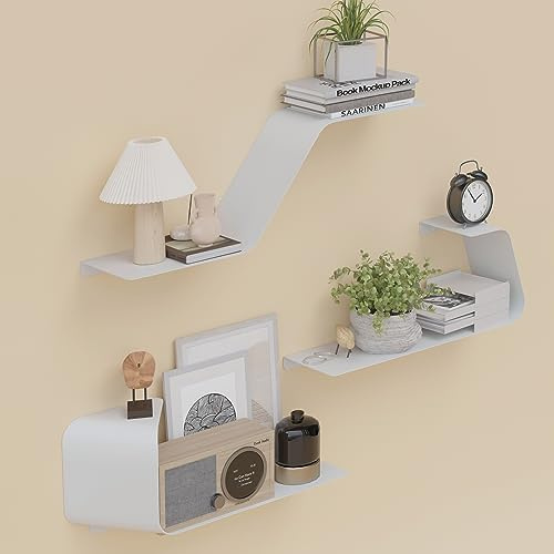 Sttoraboks Schweberegale - 3er Set Wandmontierte Metallregale mit einzigartigem Design für Wandaufbewahrung, Bücherregal, Ausstellungsregale für Badezimmer, Schlafzimmer, Küche, Wohnzimmer, Weiß