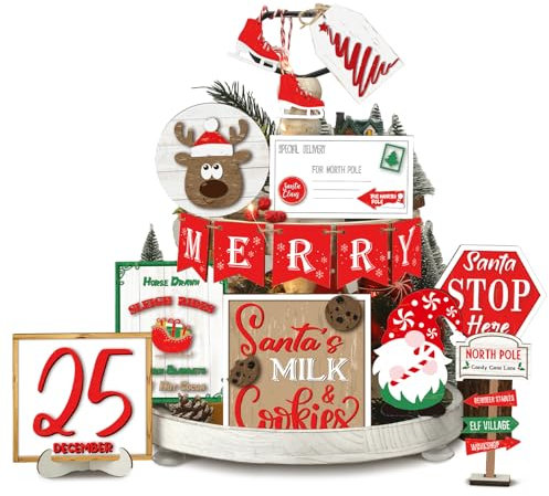 FairySandy Vassoio natalizio a più livelli in legno, decorazione invernale con fiocco di neve, pupazzo di neve, gnomo, cartello da tavolo per Natale e feste invernali (stile gnomo)