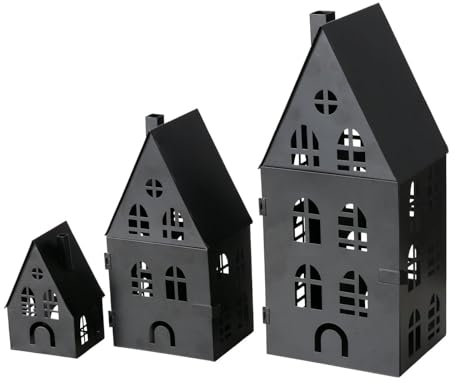 ReWu Laterne Lichthaus Set Dover 3-teilig Metallhäuser Teelichthalter Kerzenhalter Häuser Metall Schwarz Gartendekoration Balkon Terasse Wohndekoration