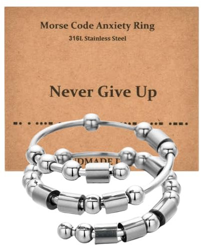 Mezrkuwr® Anello Antiansia con Codice Morse, Spinner e Perline - Gioielli per Amicizia in Argento, Taglia L - Regali di Compleanno