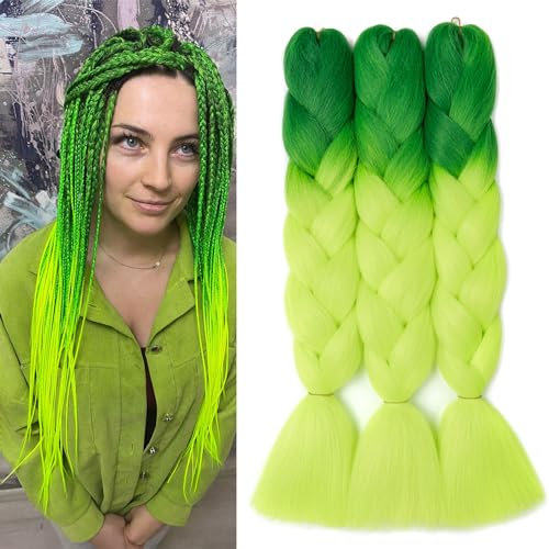 Dcbaboo Extensiones para Trenzas Africanas 60cm Pelo para Trenzas Africanas 3PCS Ombre Extensiones de Pelo Sintético para Trenzas Postizas Trenzado de Extensiones 300g, Verde oscuro & Amarillo verde