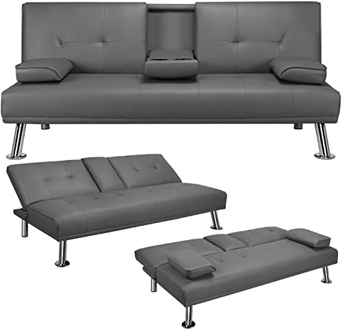 Yaheetech Divano Letto con 2 Braccioli Staccabili Divano Trasformabile Mobile Imbottito a 3 Posti Divanetto Reclinabile da Salotto con Supporto Centrale Porta Bicchieri Grigio/Finta Pelle