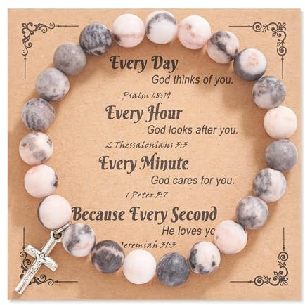 Flongo Bracelet Femme Perle Croix: Bracelet Femme Fille Croix Chrétien Pierre Naturel avec Carte de Voeux - Cadeau Femme Fille Anniversaire