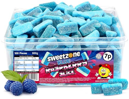 Sweetzone Blue Raspberry Slices Sour Candy, Fruity Gummy Candy Soft Retro Sweeties, Halal Bulk Sweet Box, 800g 100 Pcs, Bulk Sweet Tubs With Fizzy Gummies For Kids, Party Fun And Gummy Lovers