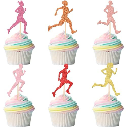 Cupcake-Topper mit Glitzer, für Sport, Fitness, Laufen, für Jungen, Mädchen, Marathon, Geburtstag, Party, Kuchendekoration, Zubehör, verschiedene Farben, 24 Stück