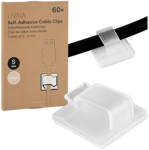 60 Stück Kabelhalter: selbstklebende Kabelclips für bestes Kabelmanagement – selbstklebender Kabelorganizer für Indoor & Outdoor – bis zu 5mm Durchmesser – Office Accessoires von LIVAIA