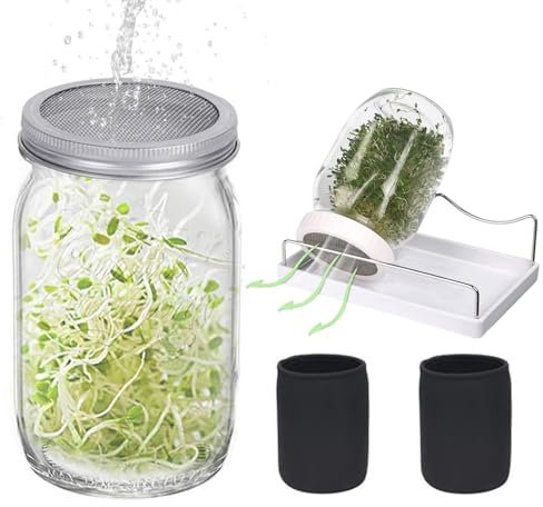 Saatgut-Sprossengläser – Einmachglas-Ausgussdeckel, Microgreens-Anzuchtset | Weithals-Sprossengläser mit Edelstahldeckeln und Abtropfschale für die Samenkeimung (Samen nicht im Lieferumfang enthalten)