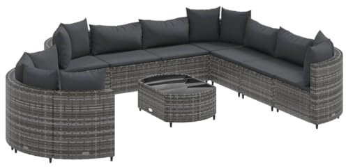 vidaXL Garten Sofa Garnitur 10-TLG., Gartenmöbel Set mit Kissen, Sitzgruppe für Garten Terrasse, Lounge Sitzgarnitur Modular, Grau Poly Rattan