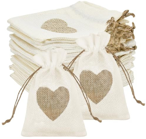 SLTAXAR 30 Stück jutesäckchen Herz Kleine Säckchen 13x18cm Jute Geschenktüten mit Herz Geschenkanhänger kleine säckchen zum Befüllen Jutebeutel Leinensäckchen für Hochzeit Party Geschenke Süßigkeiten