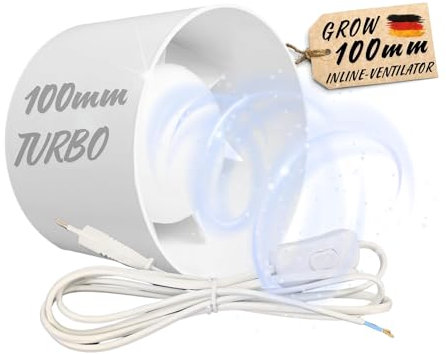 TronicXL 100mm Grow Lüfter Zuluft Abluft Inline Ventilator mit Kabel Stecker Schalter 230V für Steckdose Kanal Abluftventilator Rohrlüfter für Homebox Growbox Growschrank Set Belüftung Grower