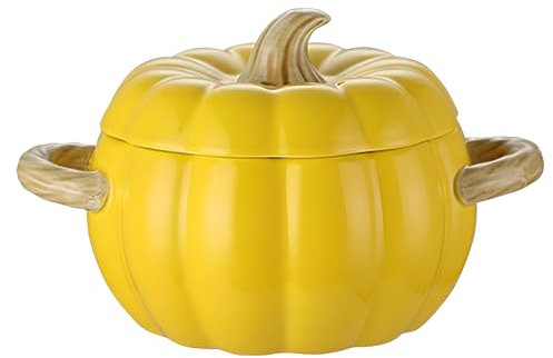 Ceramic Soup Bowl, Pumpkin Pottery Dessert Cooking Pot with Handle, 66 oz Baking Dish Cute Pumpkin Bowl, Large Covered Dutch Oven Ceramic Stockpot, Pumpkin Shaped Casserole (Yellow)
