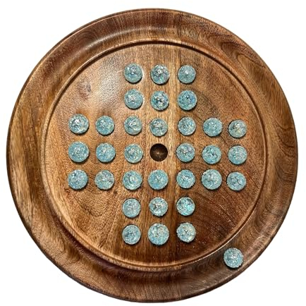 Solitaire Brettspiel aus Holz mit Schneeflocken-Glasmarmoren, 22 cm Durchmesser, klassisches Solitär-Spiel aus Holz, Strategie-Brettspiel, Familien-Brettspiel, Spiele für eine Person, Brettspiele