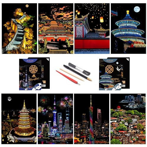 Kratzpapier Regenbogen Malerei Skizze, Stadt-Serie Nachtszene, Scratch Painting kreatives Geschenk, Scratchboard für Erwachsene und Kinder mit 4 Tools, Peking + Shanghai.