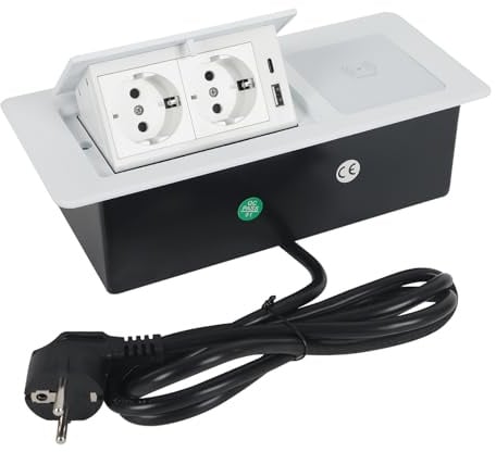 Versenkbare Steckdose,2 Fach Einbausteckdose mit USB & 15W Kabellosem Ladegerät,Type C 20W Schnelllade Tischsteckdose Weiß Steckdose für Büro,Arbeitsplatte