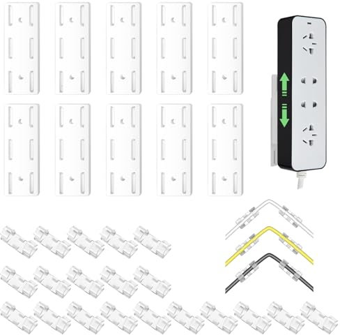 Molain Adhesive Punch-Free Socket Holder, 10Pcs Power Stirp Holder with 20Pcs Cable Clips Kit, Self-Adhesive Power Strip Holder for Router Power Strip Wall Mount Space Saving and Easy to Install