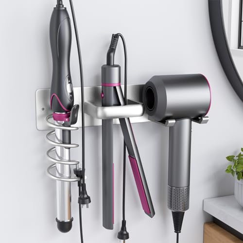 Tindbea Hair Dryer Holder Curling Iron Holder Flat Iron, Blow Dryer Holder Wall Mount, 3 in 1 Bathroom Hair Tool Organizer Rack for Universal Dryer (Brushed Metal, Brushed Nickel)