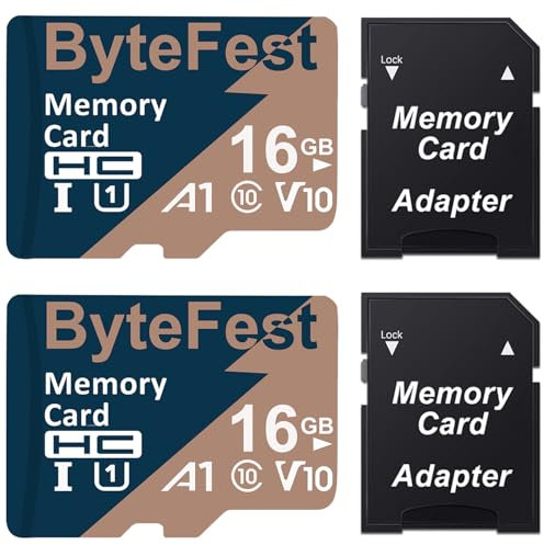ByteFest 2 Pack 16GB MicroSD Card with 2 Adapter, UHS-I U1 High Speed TF Card A1 C10 V10, FHD Video, 80MB/s, Micro SDHC Flash Memory Card for MP3 MP4 Player/Camera/Android Phones/Tablets/Dash Cams