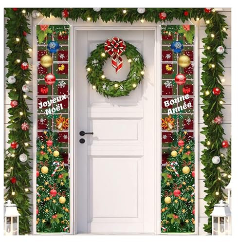 Huigugu Bannière de Noël et Bonne Année - Décoration Extérieure pour Porte d'Entrée en Français - 2 Pièces