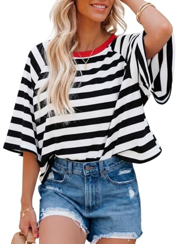 Chicrise Damen T-Shirt Sommer Gestreift Baggy Roundhals Bauchfrei Oberteile Oversize Casual Top Schwarz Weiß Groß 42-44