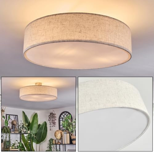 HOFSTEIN Deckenleuchte Foggia, Deckenlampe aus Metall/Kunstleinen/Kunststoff in Nickel-matt/Natur/Beige/Weiß, moderne Leuchte (Ø 50cm), E27, Esszimmer, Wohnzimmer, Schlafzimmer, Küche, Flur