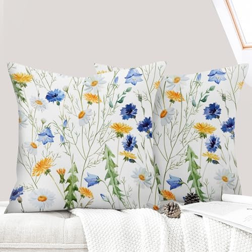 ECZOIL 2er Set Kissenbezug für 50x50 cm, Bunt Pflanzen Blumen Muster Kopfkissenbezug mit Reißverschluss, für Wohnzimmer Sofa Schlafzimmer-Gelbes Gänseblümchen