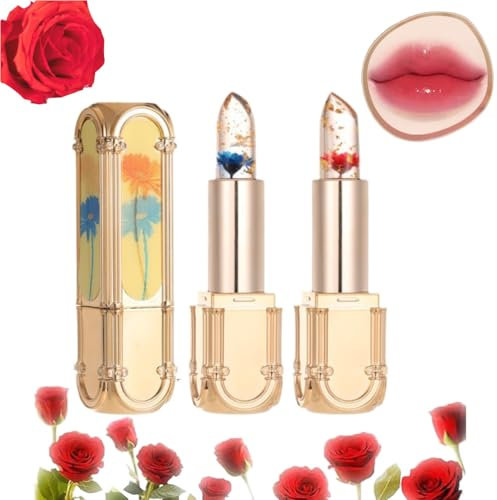 Bebuyby Flower Color Changing Lipstick,Rouvenor Long-lasting Moisturizing Flower Jelly Color-Changing Lipstick,Clear Magic Color Jelly Lipstick (01Blue Enchantress+02Rose Tears, 1)