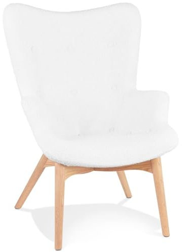 Ohrensessel mit hoher Rückenlehne aus Eichenholz | Skandinavischer Lounge-Sessel mit Bouclé Teddy-Bezug Weiß | Gepolsterter Relaxsessel mit Seitenflügeln | Nordischer Designer-Sessel Modern