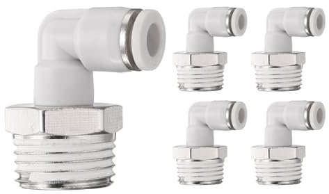 QUARKZMAN 5 Stück Push-to-Connect-Fittings, männlicher Ellbogen 1/4 Zoll Rohraußendurchmesser x 1/2 Zoll NPT-Gewinde, Kunststoff-Anschluss-Fitting-Kit, Push-Lock-Verbinder PL1/4-N04, Weiß