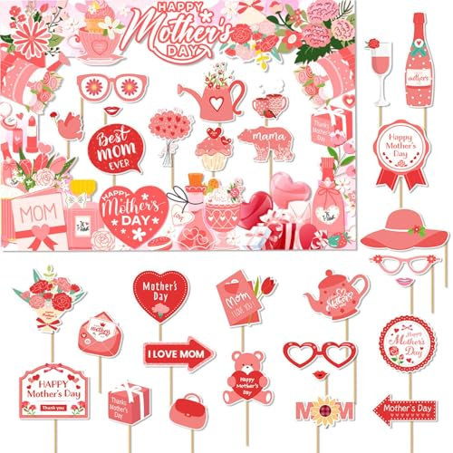 Mother's Day Photo Booth Prop Kit, Best Mom Selfie Frame, Family Gathering Supplies, Wooden Stick, Fun Photo Props, Perfect for Family Celebrations, 7x10 Inches