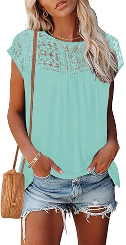 WNEEDU Womens Summer T Shirts Lace Tops Cap Short Sleeve Tshirt Crew Neck Casual Blouses Elegant 2025 New Mint Green S