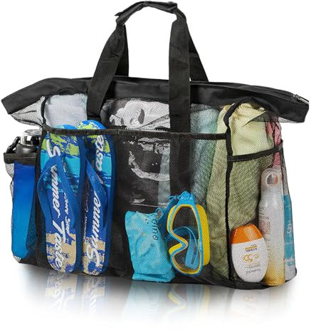 ZoneYan Strandtasche Groß, Extra Große Reisetasche Strandtasche, Netz Strandtasche, Strand Aufbewahrungstasche, Große Mesh Strandtasche, Faltbare Strandtasche, Badetaschen Strandtaschen (Schwarz-XXL)