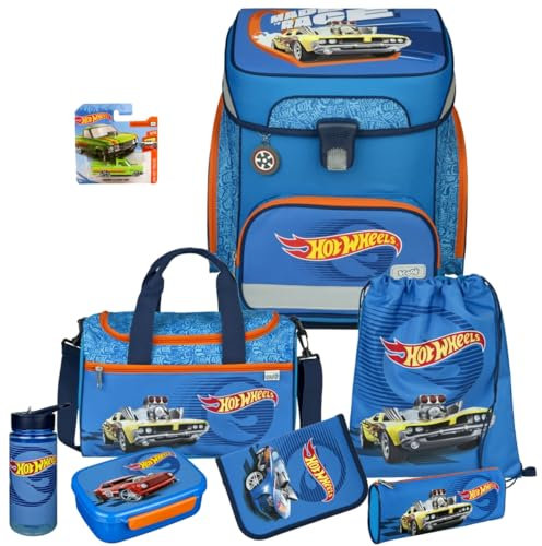 Pridera Scooli Schulranzen 1.Klasse Jungen Hot Wheels Auto EasyFit Schulranzen-Set 9tlg. mit Sporttasche Brotdose Trinkflasche, passend dazu Hot Wheels Auto gratis