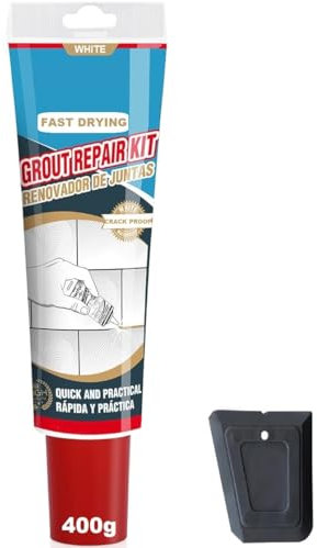 White Grout Repair Kit Ready Mixed, 400g FAST DRYING, EXTRA VOLUME Waterproof Anti Mould White Easy Tile Grout Reviver for Shower, Bathroom, Kitchen, Quick Drying Tile Gap Filler Ready Mixed