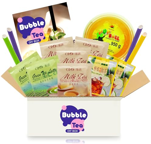 Bubble Tea DIY Set mit Passion Fruit Popping Boba - Für 4 Getränke - 14-teiliges Boba Tee Starter Kit - 3 Teesorten (Milchtee, Grüner Tee, Zitronen-Eistee), Fruchtperlen, Strohhalme, mit Anleitung
