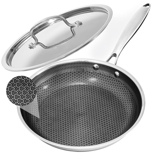 Frying Pan Non Stick 10 Inch with Stainless Steel Lid, Hybrid Non Stick Stainless Steel Skillet Frying Pan, Dishwasher and Oven-Safe Chef Pan, Induction Compatible Cooking Pan, PFOA Free Cookware