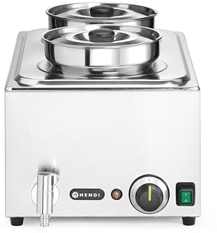 HENDI Bain-Marie-Set, mit 2x 4L Bain-marie-Topf, Ablasshahn, Temperaturbereich bis 85°C, geeignet für 1x GN1/1 Behälter von max 150mm, Speisenwärmer, GN1/1, 230V/1000W, 605x332x(H)315mm, Edelstahl
