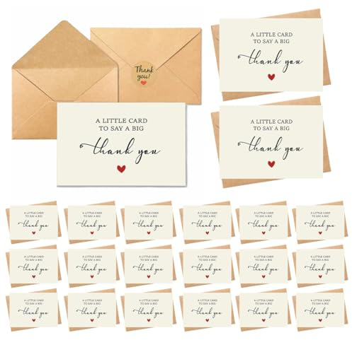YUZNA 20 Stück Danke Karte mit 20 Kraftpapier Briefumschläge und 24 Gold Siegel Aufkleber,Dankeskarte für Kollege,Lehrerin,Familie,Freund