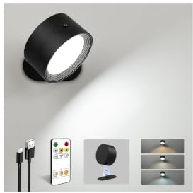 EZVALO LED wandleuchte innen,Wandlampe Kabellos mit Fernbedienung,3 Farbmodi Touch Control and Fernbedienung,360° Drehbar,Dimmbare kabellose Wandlampe für Studium,Schlafzimmer (schwarz, 1 Stöcke)