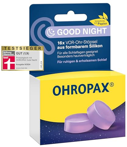 OHROPAX Good Night - Ohrstöpsel zum Schlafen - Silikon Ohrstöpsel 16 Stück | Formbare Gehörschutzstöpsel für alle Schlafpositionen, hautverträglich, weich, wiederverwendbar und leicht zu reinigen.