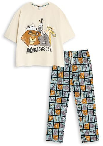 Madagascar Women's Beige Short Sleeve Long Leg Pyjama Set | Animal Print Sleepwear & Loungewear | Retro Movie Nightwear for Relaxing | Merch