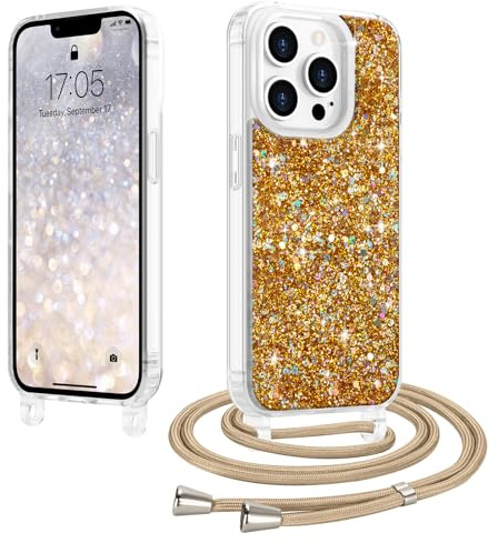LCHULLE Crossbody Lanyard Case for iPhone 13 Pro Max 6.7 inch,Sparkle Glitter Bling Phone Case with Adjustable Strap,Cute Shockproof Drop Protection Cover for Women Girls,Gold